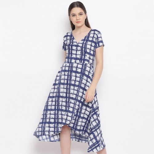 Printed Overlap Dress In White & Blue Printed Overlap Dress In White & Blue